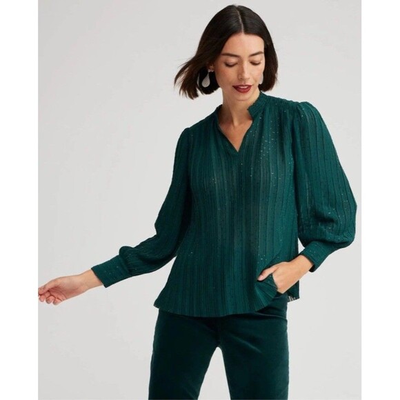 Chico’s Women’s 12 Emerald Green Shimmery Dot Chiffon V-Neck Blouse Long Sleeve - Picture 1 of 10